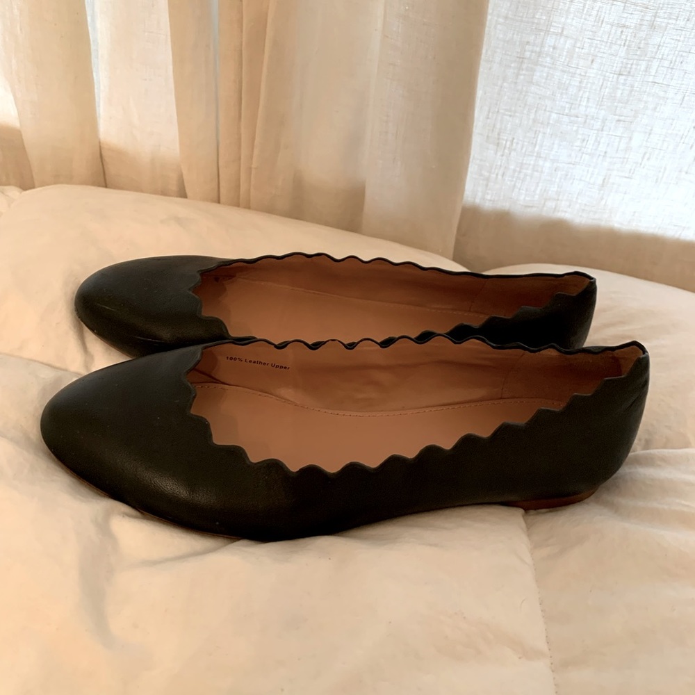 jcrew flats real leather black scalloped